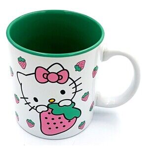 Large 20oz Hello Kitty Coffee Mug Strawberry Fruit White Green Sanrio Cup